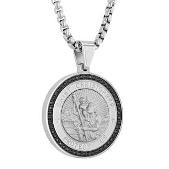 1/4CTW Black Diamond Stainless Steel Saint Christopher Medallion Pendant