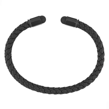Stainless Steel and Black Ion Plated Leather Cuff Bracelet