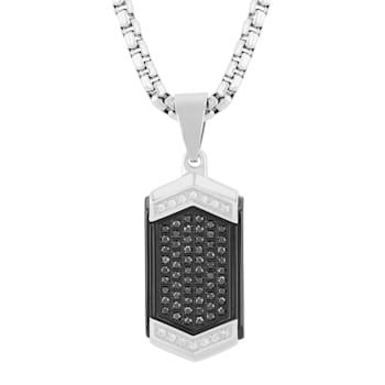 3/8CTW Black and White Diamond Two-Tone Stainless Steel Dog Tag Pendant