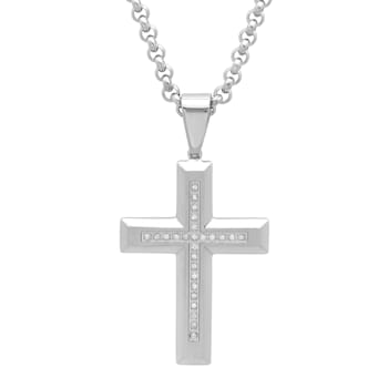 0.12CTW Diamond Stainless Steel Beveled Cross Pendant