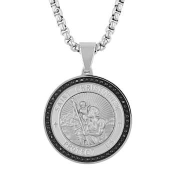 1/4CTW Black Diamond Stainless Steel Saint Christopher Medallion Pendant