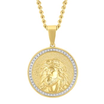 1/4CTW Diamond Stainless Steel Yellow Ion Plated Jesus Face Textured
Background Medallion Pendant