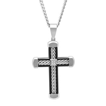 0.03CTW Stainless Steel with Black IP Twist Design Cross
