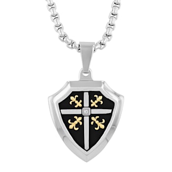 Diamond Accent Stainless Steel Fleur-de-Lis Shield Pendant in Black