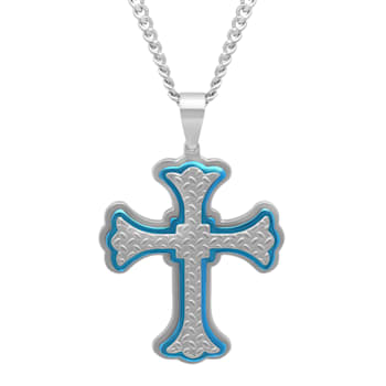Stainless Steel with Blue Plating Textured Stacked Cross Pendant