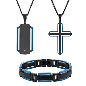 Diamond Accent Two-Tone Stainless Steel Dog Tag, Cross Pendant, &
Bracelet Set