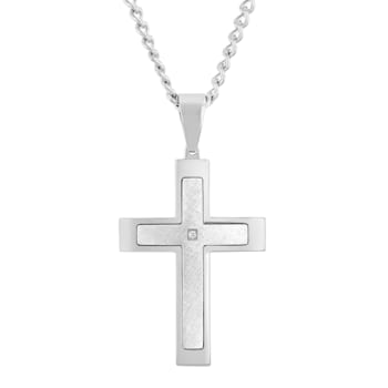 Diamond Accent Stainless Steel Frozen Finish Stacked Cross Pendant