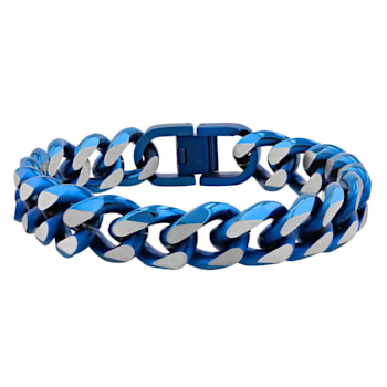 Stainless Steel White & Blue Ion Plated Beveled Curb Bracelet