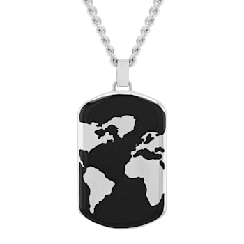 Stainless Steel Black Ion Plated World Map Dog Tag Pendant