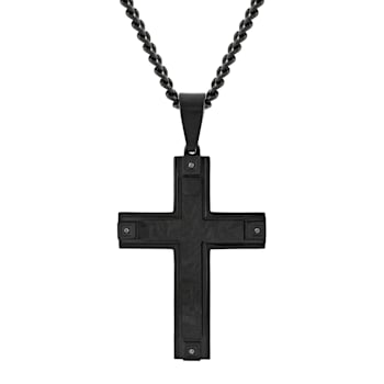 Black Diamond Accent Stainless Steel Black Ion Plated with Forged Carbon
Fiber Cross Pendant