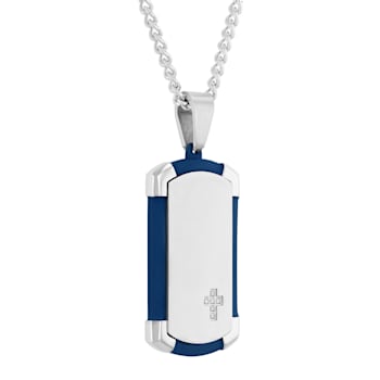 Diamond Accent Stainless Steel Blue Ion Plated Dog Tag Pendant