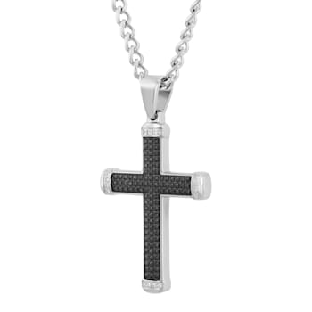 5/8CTW Black and White Diamond Stainless Steel Cross Pendant