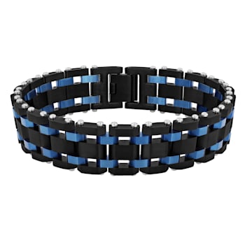 Stainless Steel with Black and Blue Finish Link Bracelet