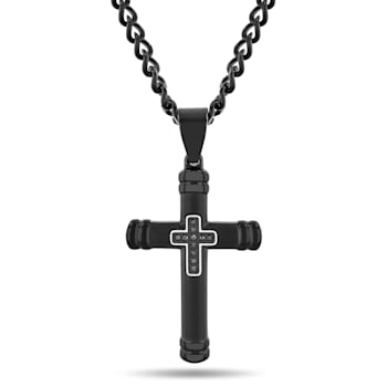 1/20CTW Black Diamond Stainless Steel Black IP Plated Cross With Chain.