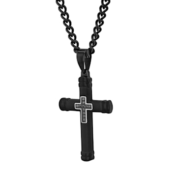 1/20CTW Black Diamond Stainless Steel Black IP Plated Cross With Chain.