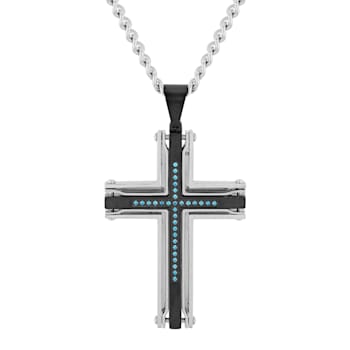 1/6CTW Blue Diamond Stainless Steel Black Ion Plated Stacked Cross Pendant