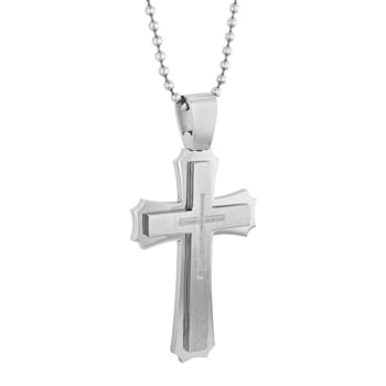 1/4CTW Diamond Stainless Steel Stacked XL Cross Pendant