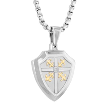Diamond Accent Stainless Steel Fleur-de-Lis Shield Pendant in White
