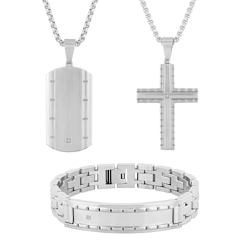 Diamond Accent Stainless Steel Dog Tag, Cross Pendant, & Bracelet Set
