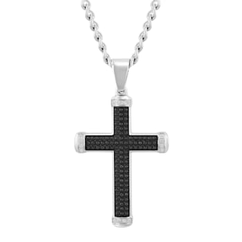 5/8CTW Black and White Diamond Stainless Steel Cross Pendant