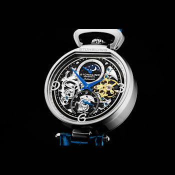 Men's Automatic Dual Time Watch, Silver Case, Black Skeleton dial, Blue
Leather Strap