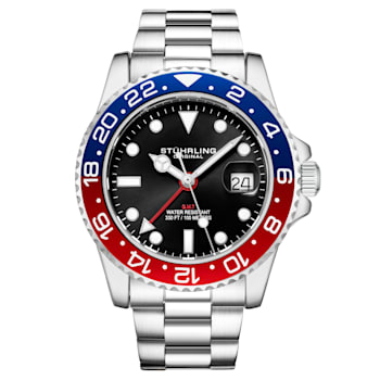 Men's Quartz Dive Watch, Blue/Red Bezel, Black Dial with White/Red
Accents, Luminous