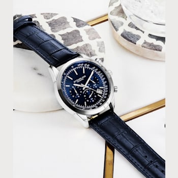 Men's Quartz Chronograph Date Watch, Silver Tone Alloy Case, Blue Dial
and Blue Leather Strap