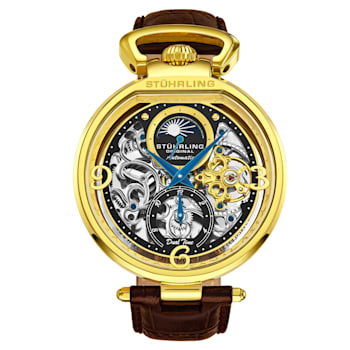 Men's Automatic Dual Time Watch, Yellow Gold Case, Black Skeleton dial,
Brown Leather Strap