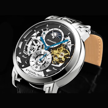 Men's Automatic Watch Dual Time Black/Silver Skeleton Dial, Gold Tone
Accents, Black Leather Strap