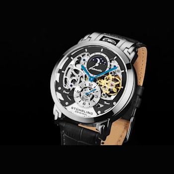Men's Automatic Watch Dual Time Black/Silver Skeleton Dial, Gold Tone
Accents, Black Leather Strap