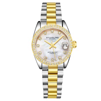 Women's Quartz Watch White MOP Dial and Crystal Markers, Two-Tone Yellow Bracelet