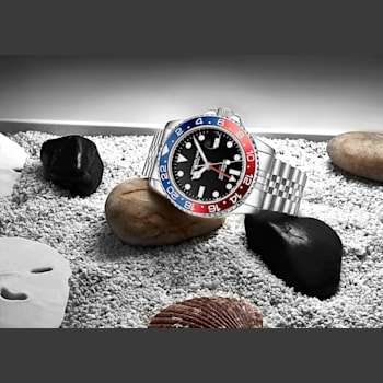 Men's Diver Watch, Silver Bracelet, Black Dial, Blue/Red Bezel