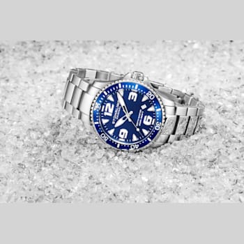 Men's Dive Watch Stainless Steel Case and Link Bracelet, Blue Bezel and
Dial, White/Silver Accents