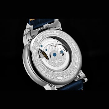 Men's Automatic Watch Dual Time Silver Skeleton Dial With Gold Tone
Accents, Blue Leather Strap