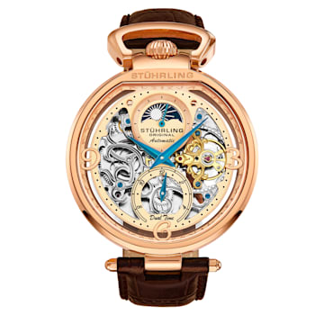 Men's Automatic Dual Time Watch, Rose Case, Beige Skeleton dial, Brown
Leather Strap