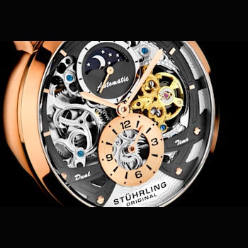 Men's Automatic Watch Dual Time Rose/Gunmetal Skeleton Dial, Gold Tone
Accents, Brown Leather Strap