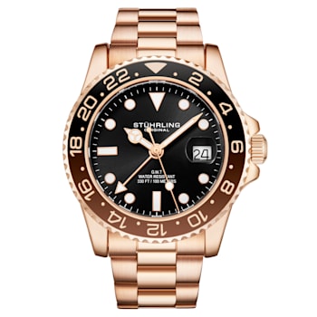 Men's Quartz Dive Watch, Black/Brown Bezel, Black Dial with Two-Tone
Accents, Rose Bracelet Luminous