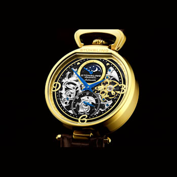 Men's Automatic Dual Time Watch, Yellow Gold Case, Black Skeleton dial,
Brown Leather Strap