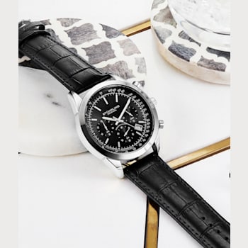Men's Quartz Chronograph Date Watch, Silver Tone Alloy Case, Black Dial
and Black Leather Strap