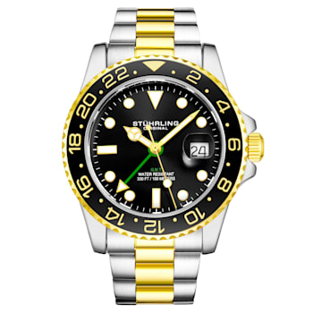 Men's Quartz Dive Watch, Black Bezel and Dial with Green Accent,
Two-Tone Yellow Bracelet Luminous