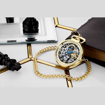 Men's Gold Tone Pocket Watch with Black and Silver Tone Skeleton Dial,
Day Night Cycle, Dual Time
