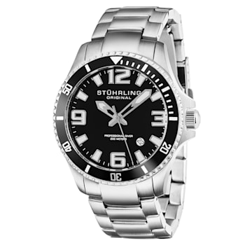 Men's Dive Watch Stainless Steel Case and Link Bracelet, Black Bezel and
Dial, White/Silver Accents
