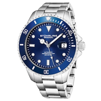 Men's Automatic Diver Watch, Blue Dial and Bezel, Silver Case, Stainless
Steel Bracelet