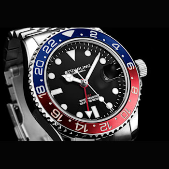 Men's Diver Watch, Silver Bracelet, Black Dial, Blue/Red Bezel