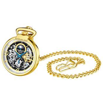 Men's Gold Tone Pocket Watch with Black and Silver Tone Skeleton Dial,
Day Night Cycle, Dual Time