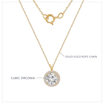 LUXGEM 14K Yellow Gold Round Halo Pendant Necklace | 2 Carat Cubic Zirconia