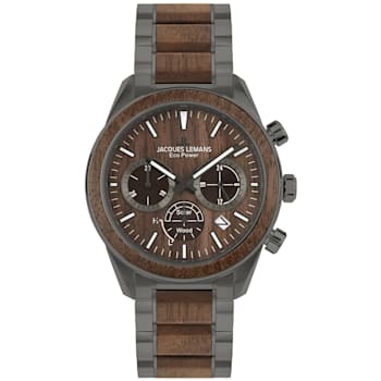 JACQUES LEMANS Eco Power Men's Watch with Stainless Steel/Wood Inlay
Strap Gray, Chronograph 1-2115