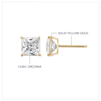 LUXGEM 14K Yellow Gold Princess Cut Solitaire Studs | 1/2 carat Cubic Zirconia