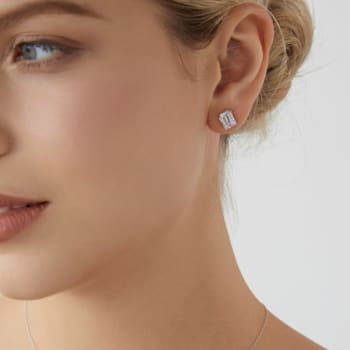 LUXGEM 14K White Gold Emerald Cut Solitaire Studs | 3 carat Cubic Zirconia