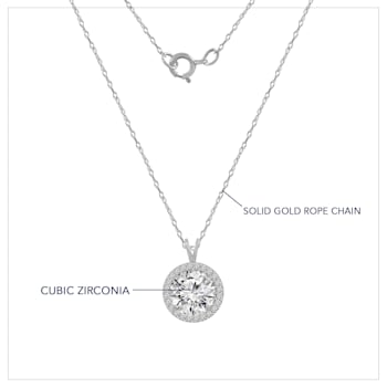 LUXGEM 14K White Gold Round Halo Pendant Necklace | 3 Carat Cubic Zirconia